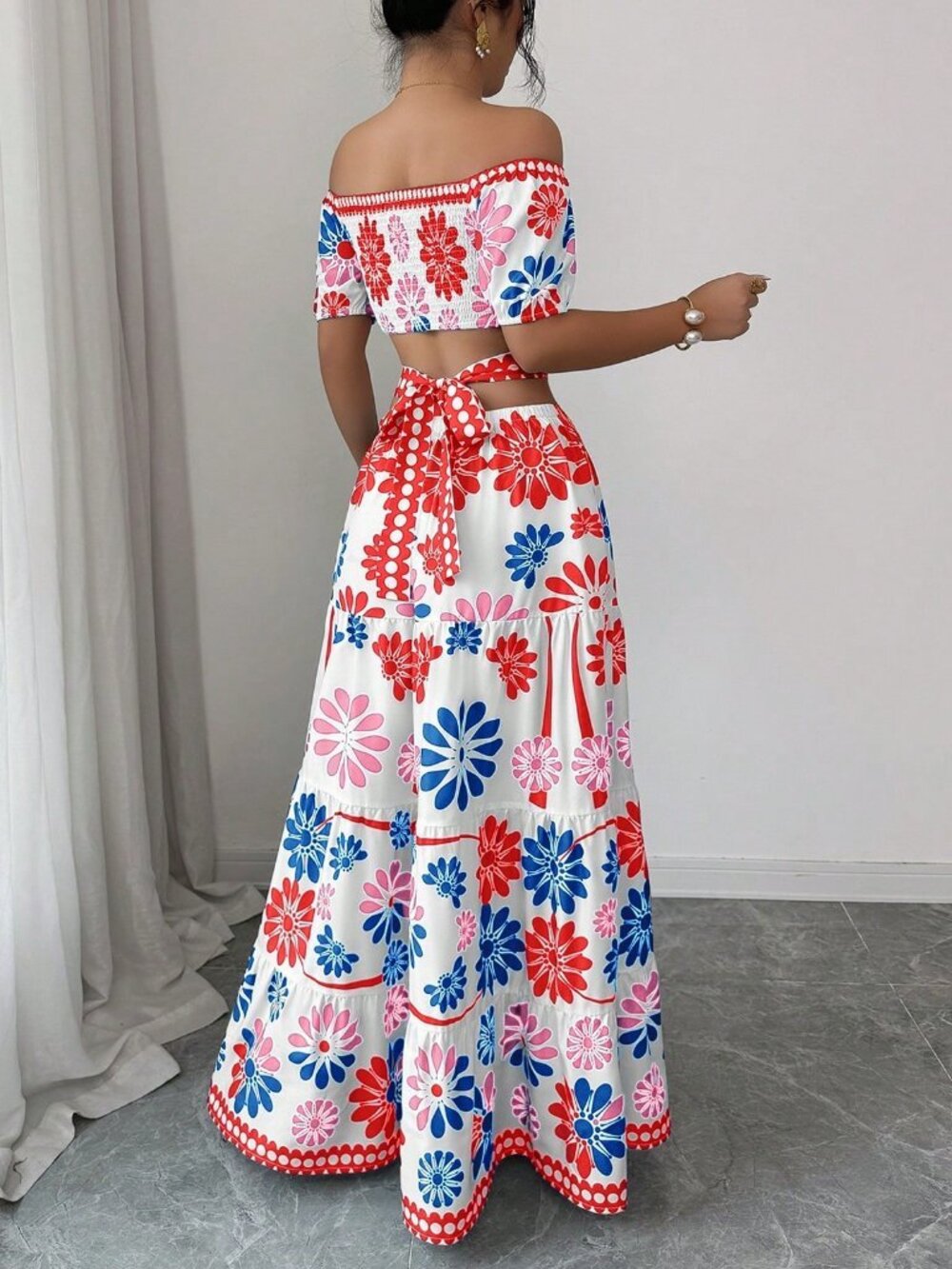 Boho Women's Casual Floral Print Off Shoulder Tie-Waist maxi Dress - Picture 2 of 7